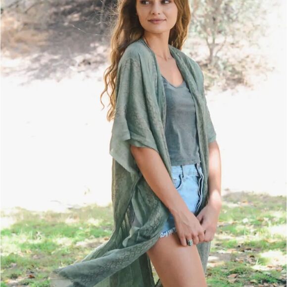 Boho Tribal Pattern Sheer Kimono Frayed Beach Cover Vacation Resortwear Swim - Picture 1 of 7